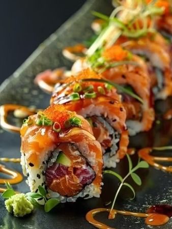 Sushi rolls topped with salmon, avocado, and sauce on a dark platter, garnished with herbs and wasabi