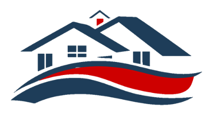 A blue and red logo of a house with a wave behind it.
