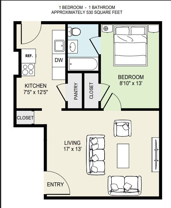 1-bedroom apartment floor plan showing kitchen, living room, bedroom, bath, closet, pantry, and entry.