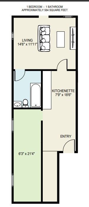 Floor plan of a small apartment with labeled living room, kitchenette, bath, entry, and bedroom.