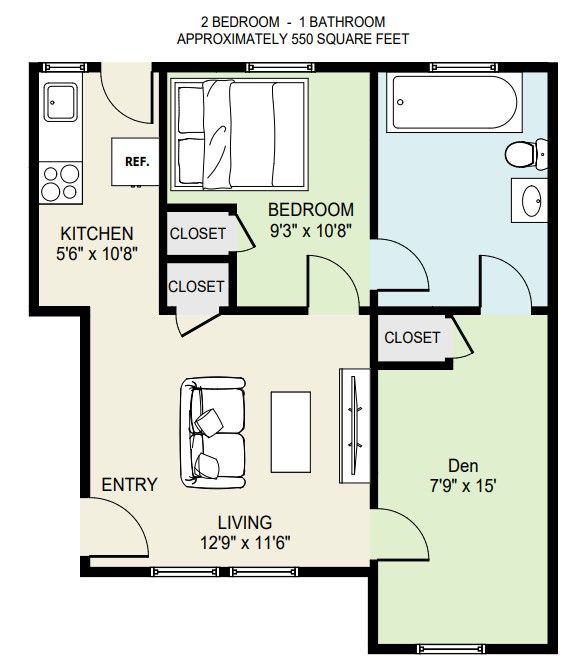 2-bedroom, 1-bath apartment floor plan with kitchen, living room, den, closets, and entryway.