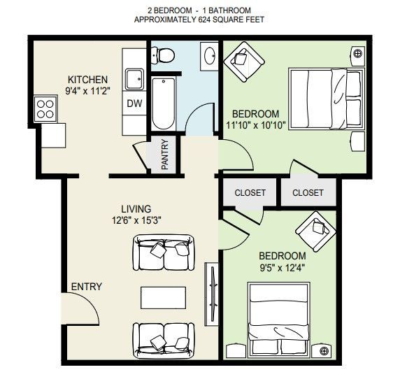 Two-bedroom apartment floor plan with kitchen, living room, two bedrooms, bathroom, closets, and entry.