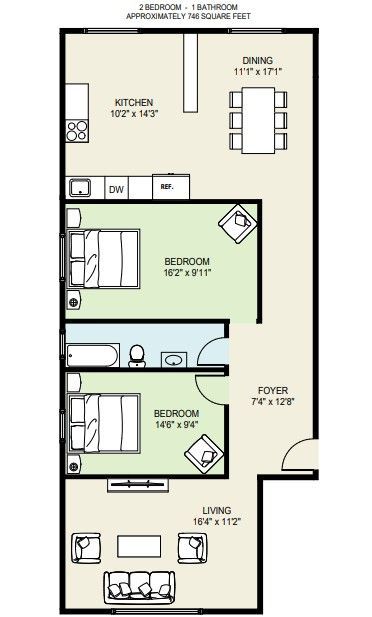 Apartment floor plan with kitchen, dining area, living room, two bedrooms, and one bathroom