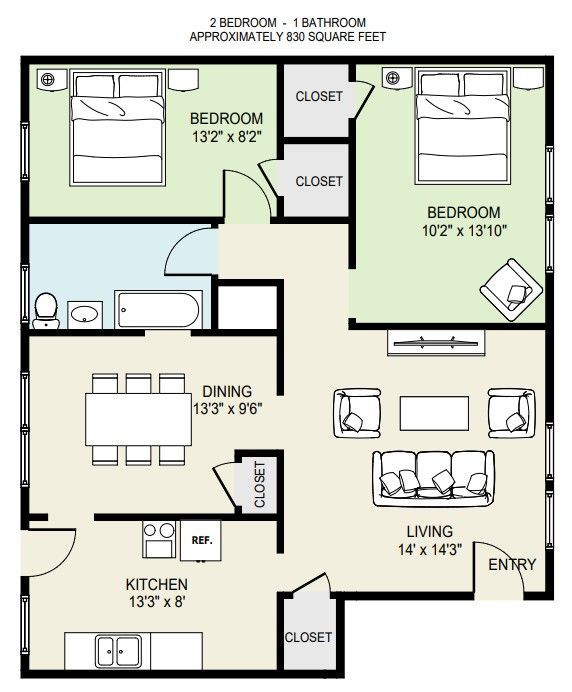2-bedroom apartment floor plan with kitchen, dining, living room, closets, and bath areas