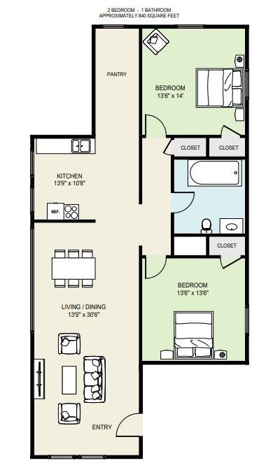 House floor plan with labeled rooms: living room, kitchen, dining area, bedrooms, bath, and entry