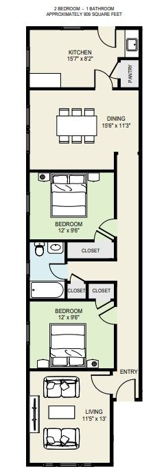 Black-and-white floor plan of a small apartment with kitchen, dining area, bathroom, bedrooms, and living room.