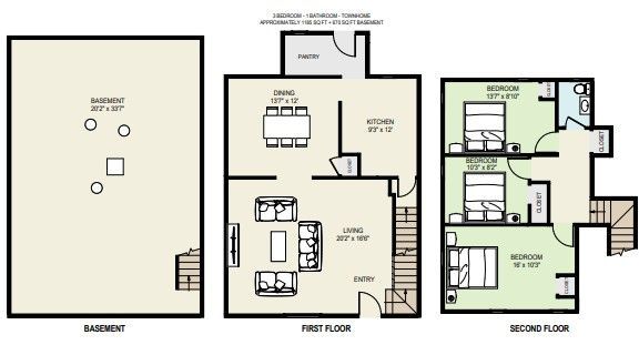 Floor plan of a house with basement, first floor, and second floor layouts labeled.