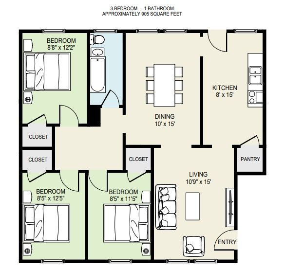 Black-and-white 3-bedroom apartment floor plan with kitchen, dining, living room, closets, and entry.