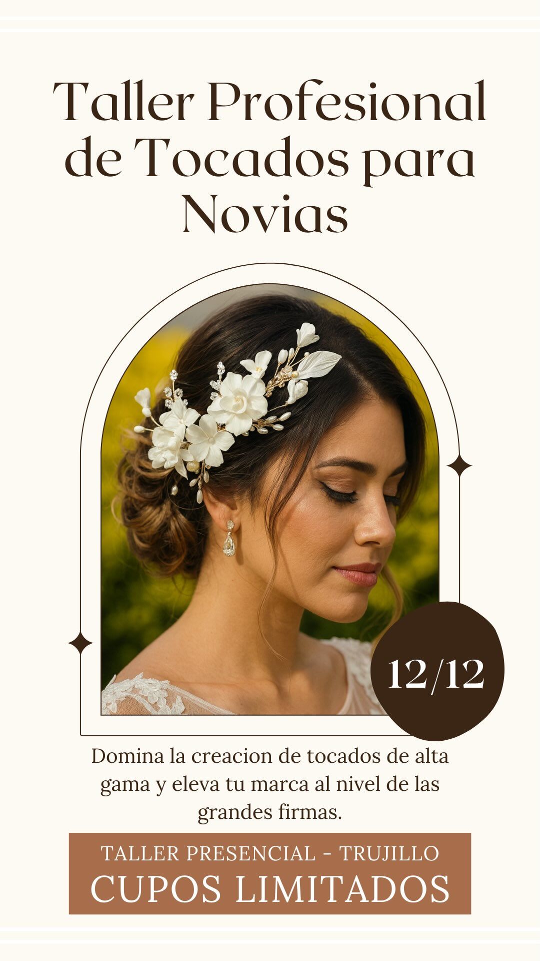 Cartel de un taller profesional de tocados de novia, con el retrato de una mujer y la fecha 12/12.