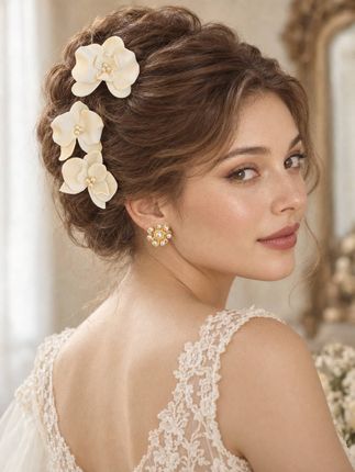 Diadema blanca con flores sobre una cabeza de maniquí beige, sobre un fondo neutro