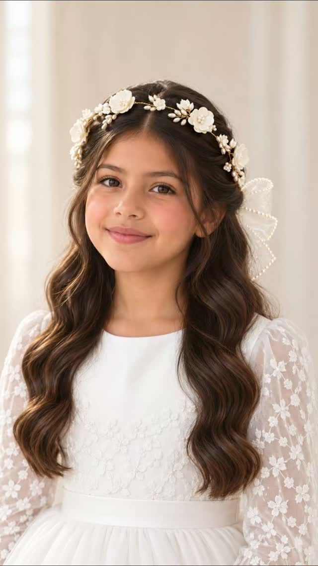 Una niña con un vestido blanco y una diadema floral, sonriendo suavemente sobre un fondo claro.