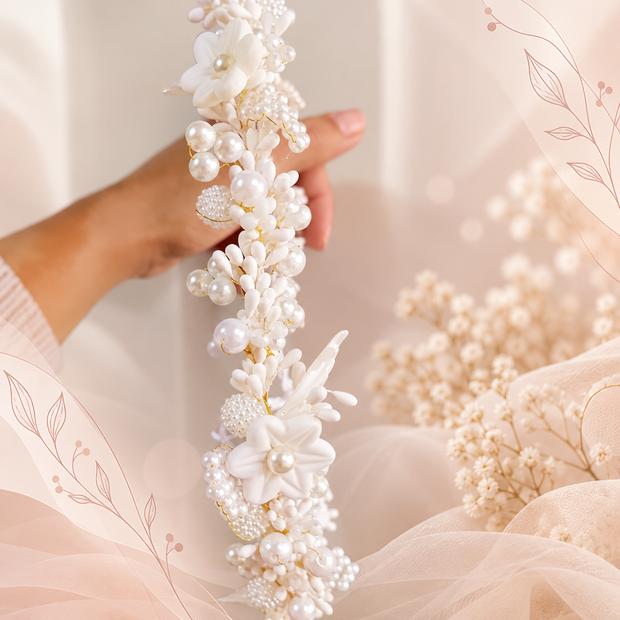Manos colocando pequeñas decoraciones de flores blancas sobre una mesa con unas pinzas