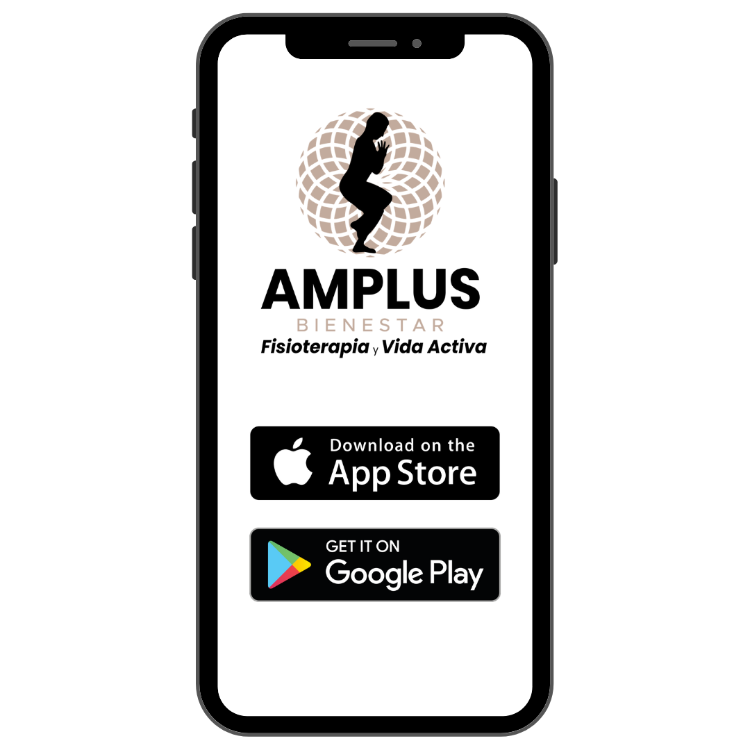 Smartphone que muestra el logo de la app Amplius Bienestar, con botones de descarga de App Store y Google Play.