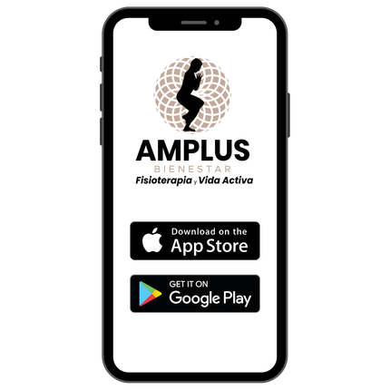 Smartphone que muestra el logo de la app Amplius Bienestar, con botones de descarga de App Store y Google Play.