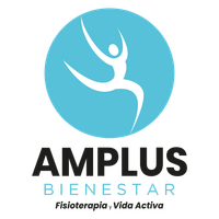 Logotipo para Amplius Bienestar, que muestra a una persona en una pose de yoga encima de un texto.