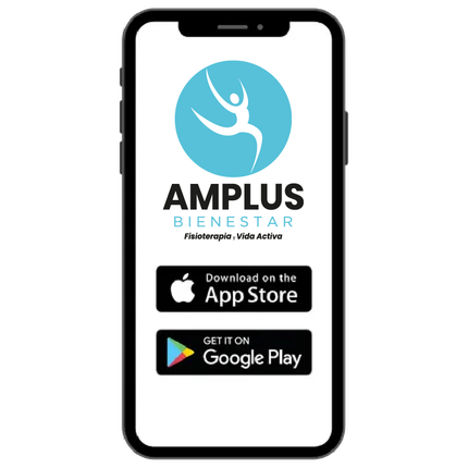 Smartphone que muestra el logo de la app Amplius Bienestar, con botones de descarga de App Store y Google Play.