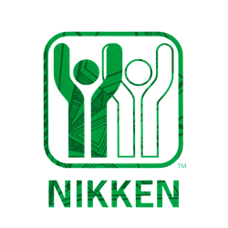 Logotipo verde: Dos figuras estilizadas con los brazos levantados dentro de un cuadrado verde, con la palabra 