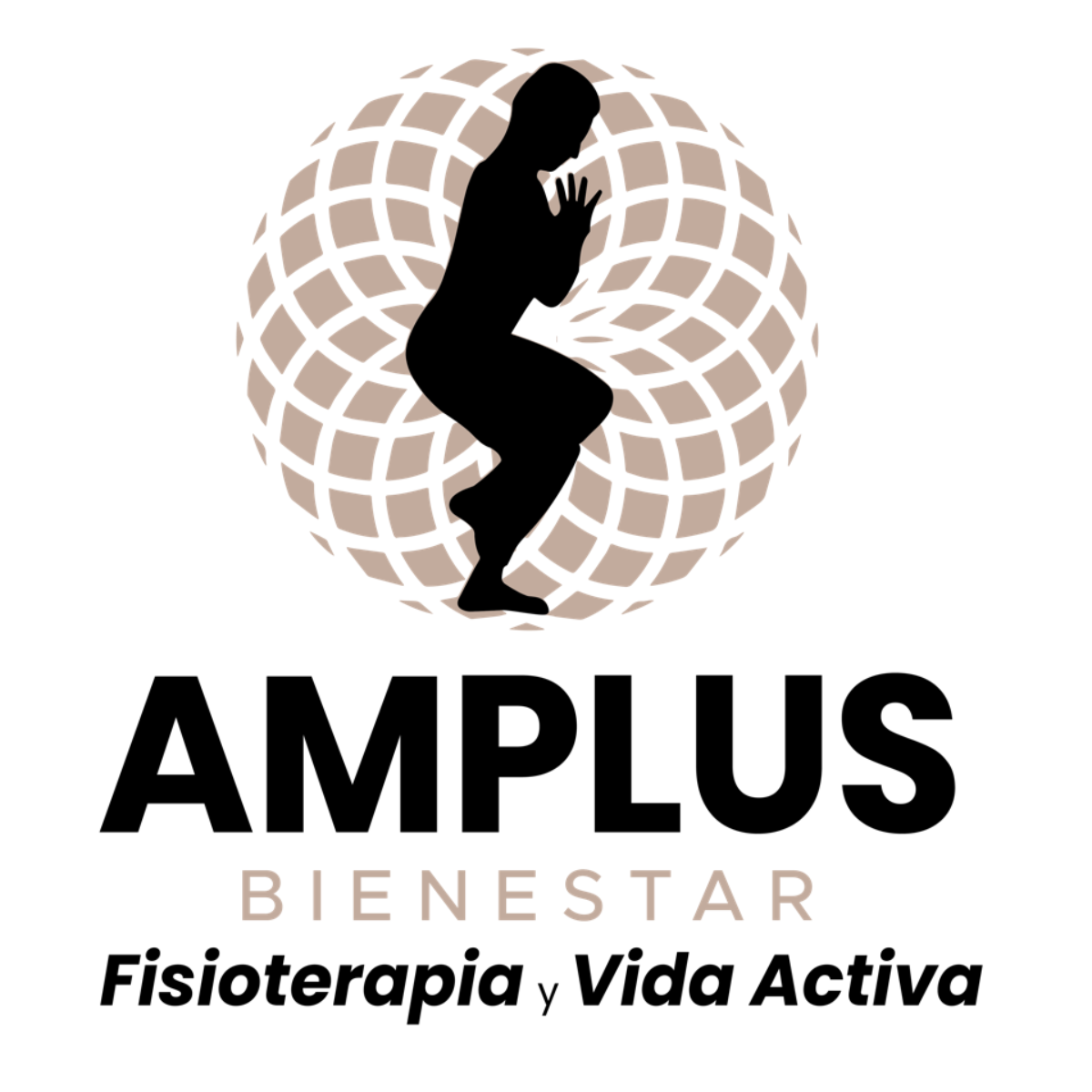 Logotipo para Amplius Bienestar, que muestra a una persona en una pose de yoga encima de un texto.