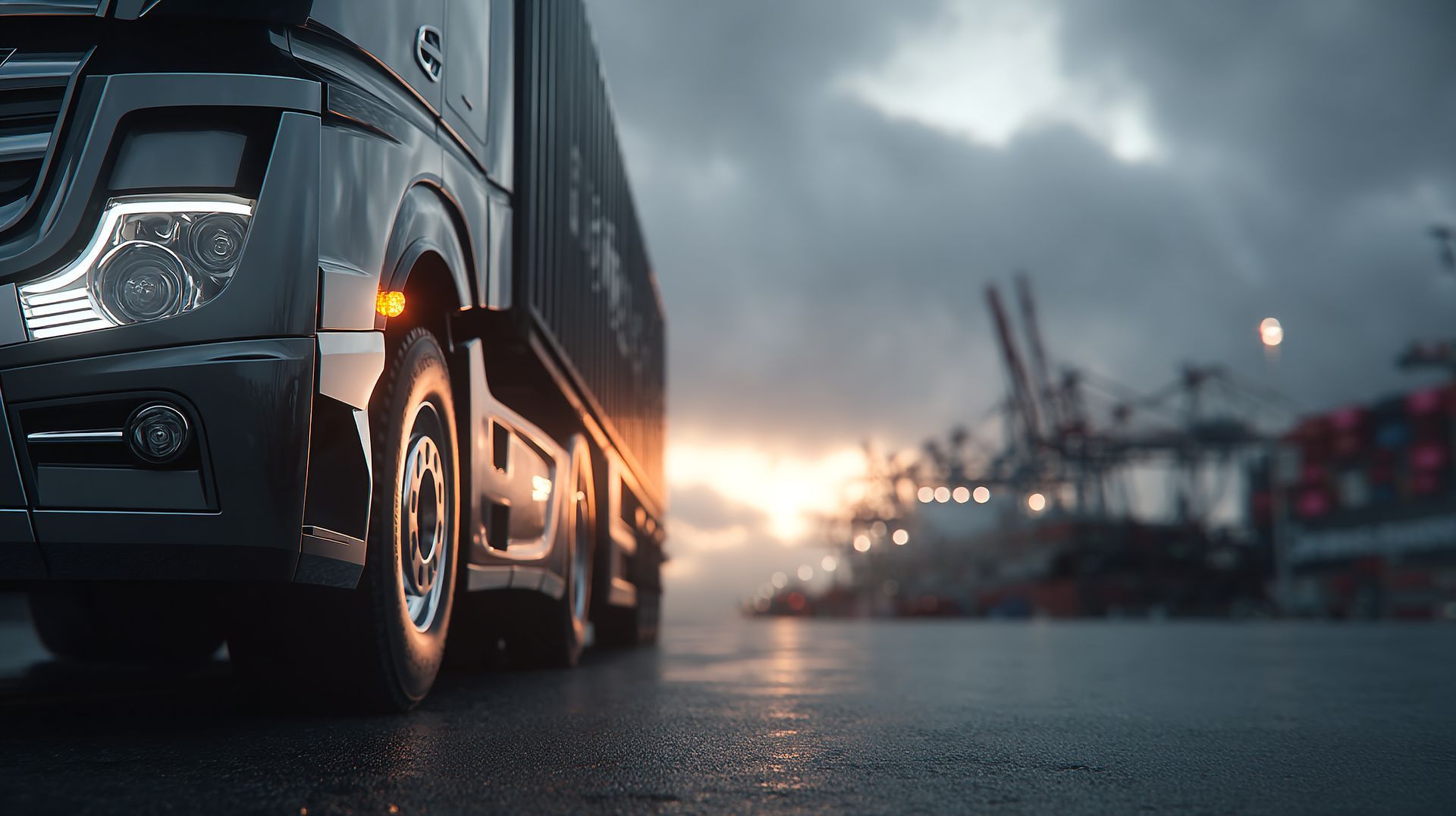 A semi-truck on a wet road at a port, with cargo and a cloudy sky.