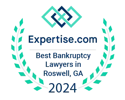 Expertise.com award for Best Bankruptcy Lawyers in Roswell, GA, 2024; turquoise & navy logo, wreath border.