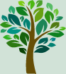 Brown tree with various shades of green leaves against a light green background.