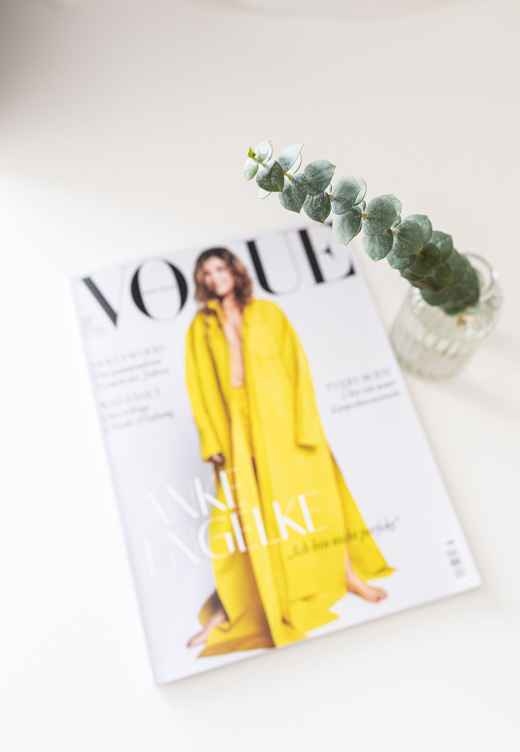 Vogue Magazin liegt aus weißer Oberfläche. Daneben steht eine grüne kleine Pflanze.