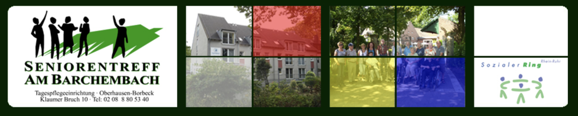 Logo für Seniorentreff am Barchembach mit Figuren, Gebäudefotos und Ortsbeschreibung.