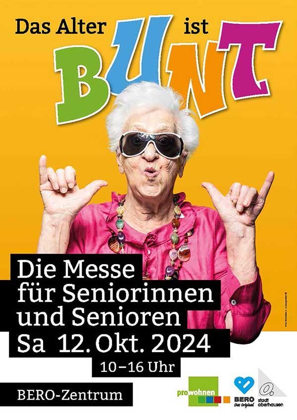 Ein Flyer für eine Seniorenmesse am 12. Oktober 2024 im BERO-Zentrum, auf dem eine Person mit Sonnenbrille abgebildet ist, die ein Rock'n'Roll-Zeichen macht.