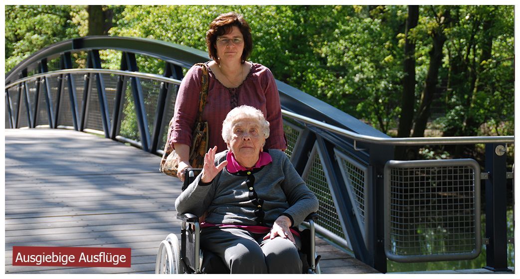 Eine Person schiebt eine andere Person in einem Rollstuhl über eine Bogenbrücke in einem Park, während die Person im Rollstuhl winkt.