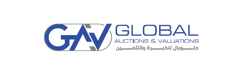 شعار أزرق وأبيض لشركة gav العالمية للمزادات والتقييمات