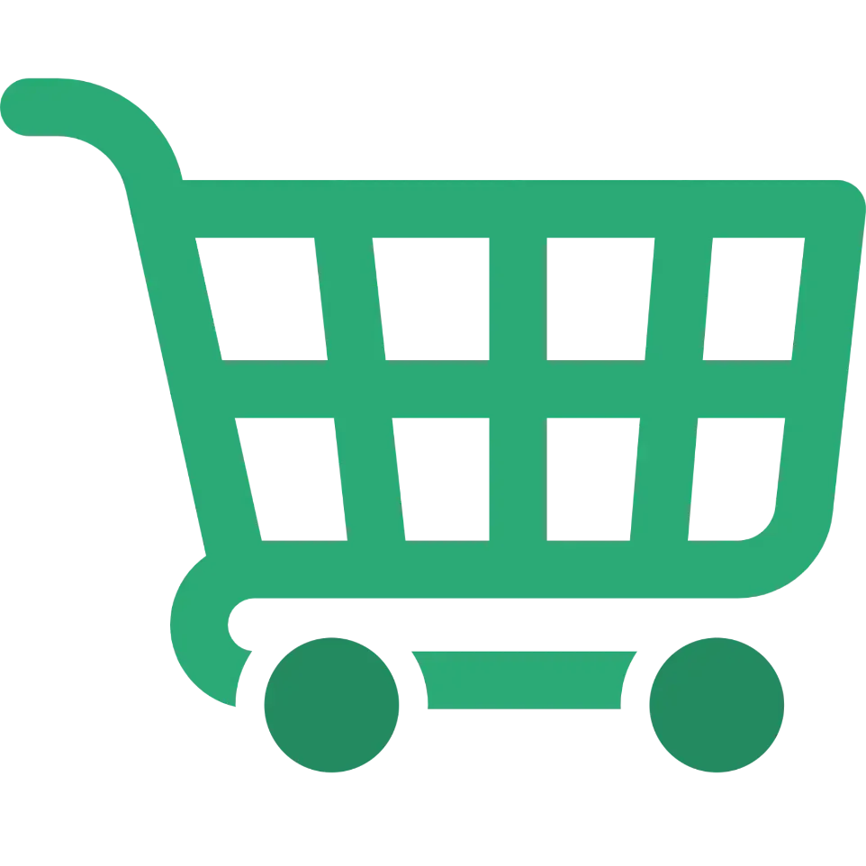 A green shopping cart icon on a white background.