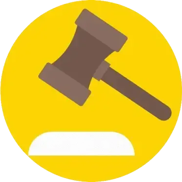 A wooden judge 's gavel is in a yellow circle.
