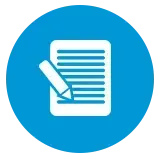 A pencil is writing on a piece of paper in a blue circle.