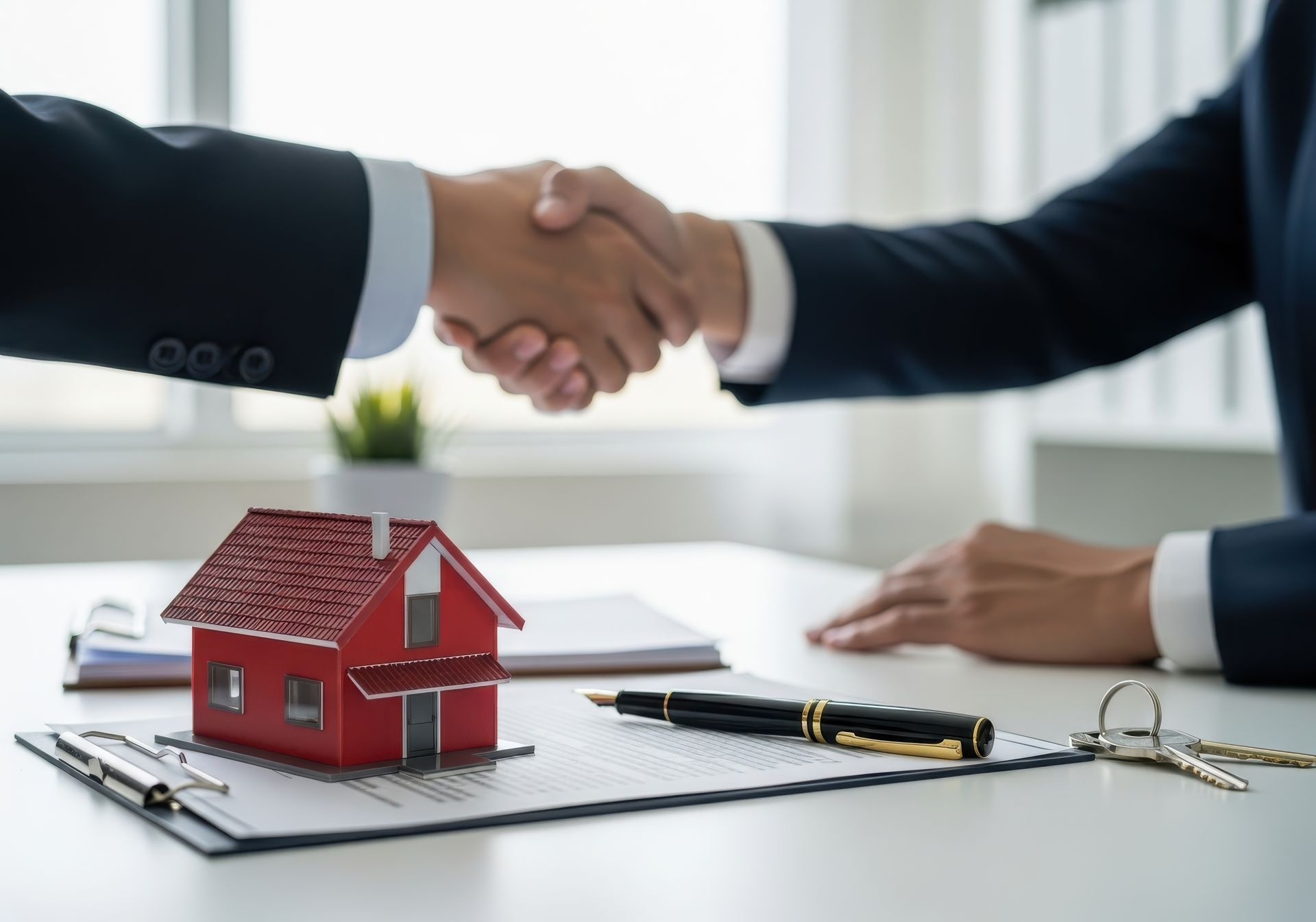 Two people shaking hands beside a small red house model and keys on a desk, suggesting a real estate deal