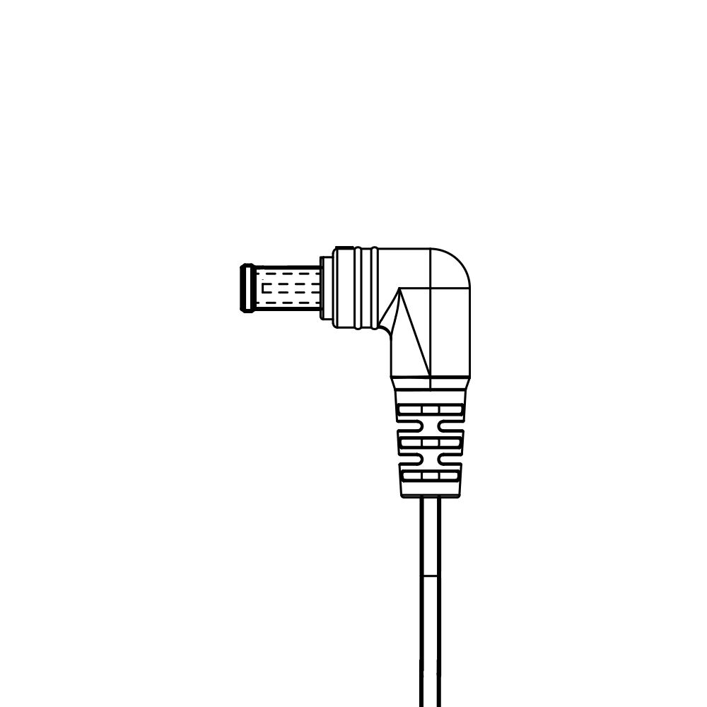 A black and white drawing of a cable with a connector on a white background.