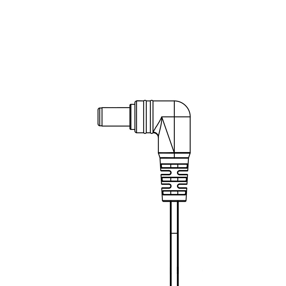 A black and white drawing of a cable with a connector on a white background.