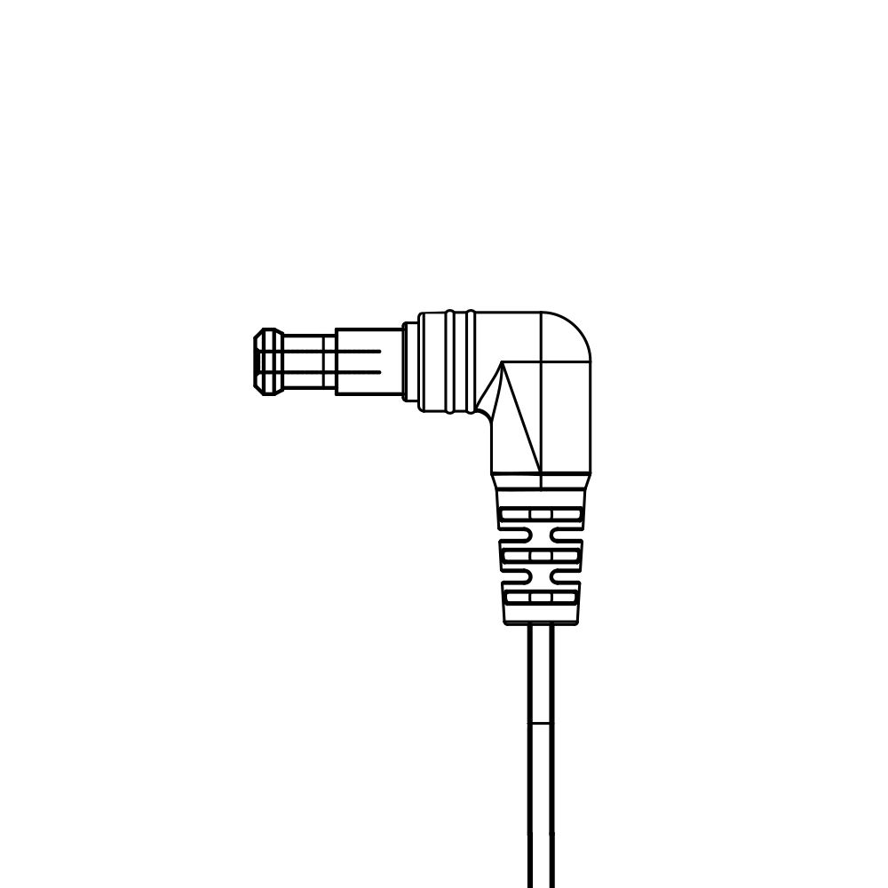 A black and white drawing of a cable with a connector on a white background.