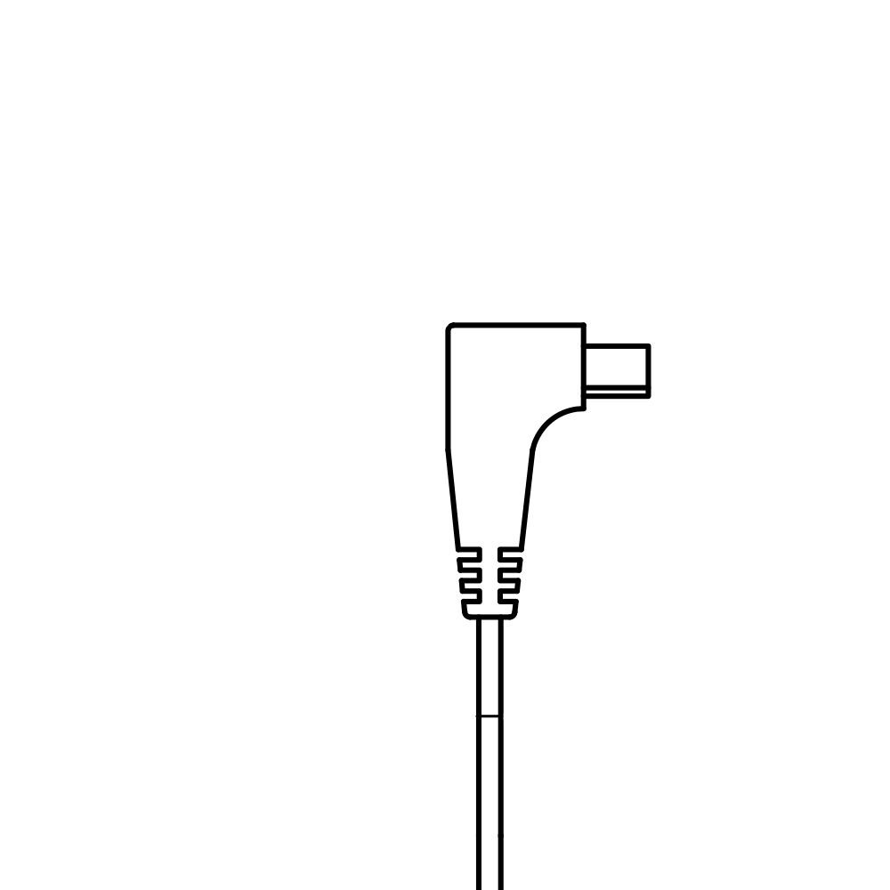 A black and white drawing of a cable with a plug on a white background.