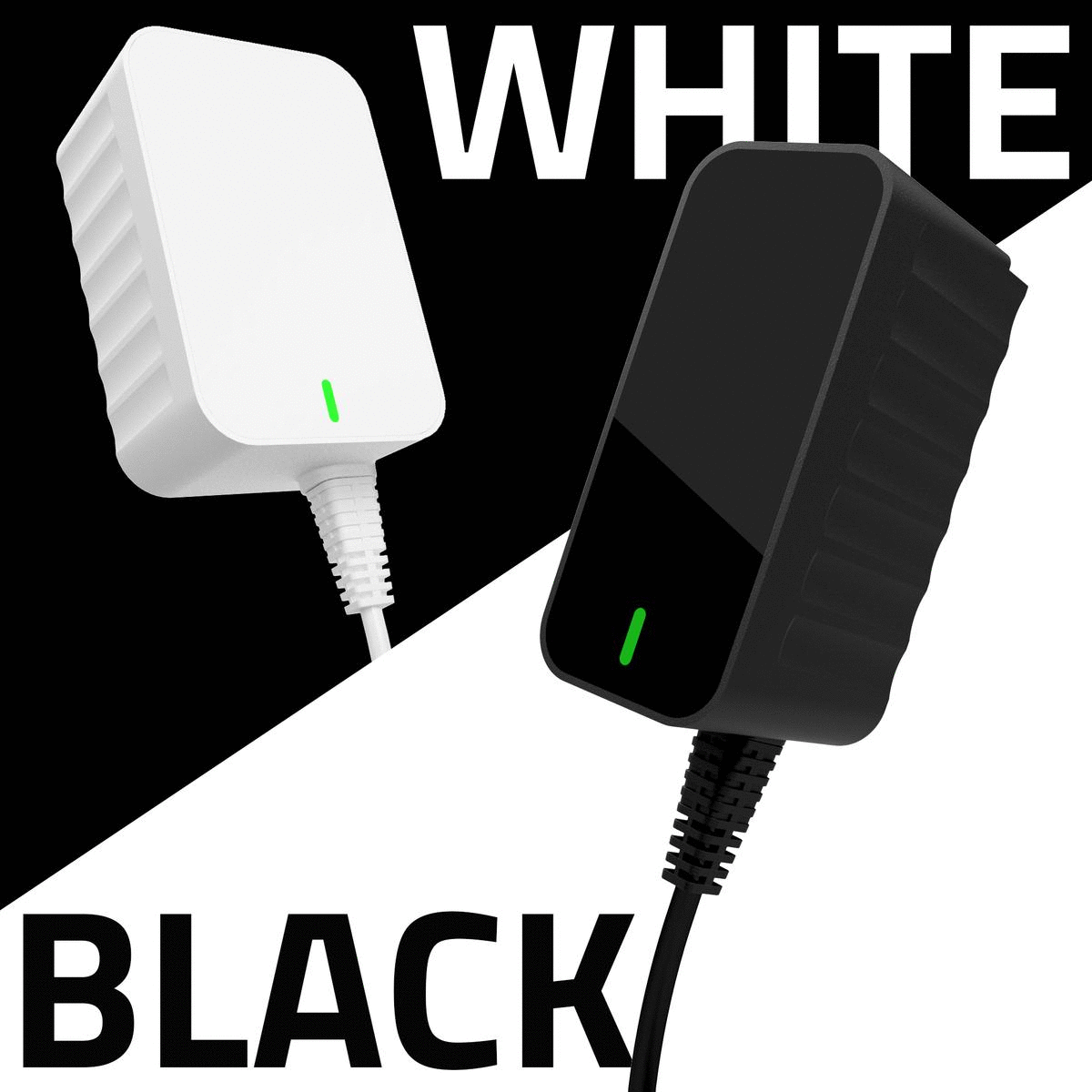 A white and black power supply with the words white and black below them