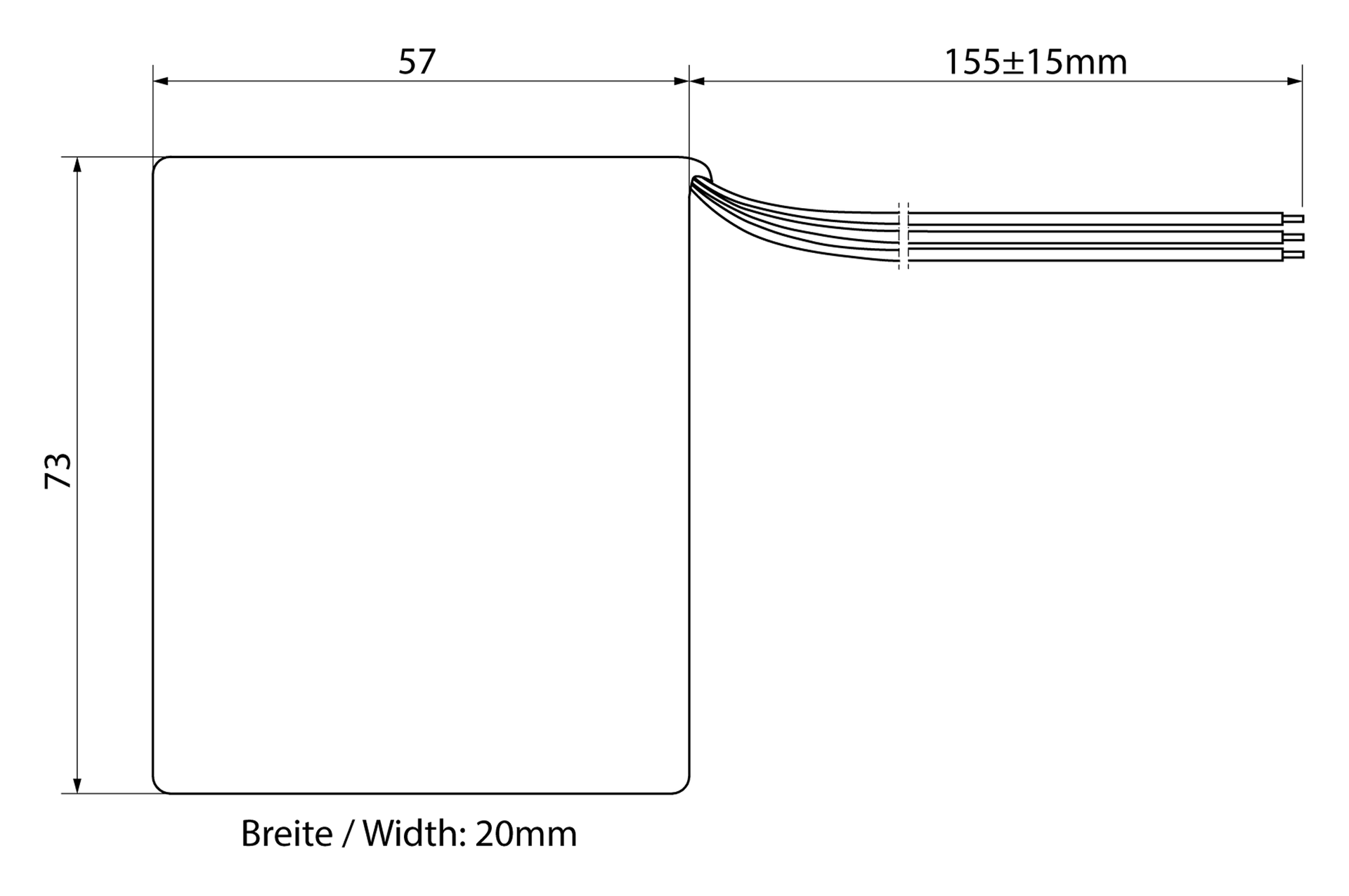 A black and white drawing of a battery pack with measurements on a white background.