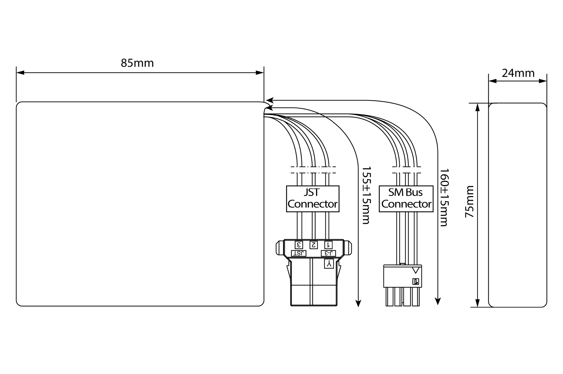 A black and white drawing of a battery pack with measurements on a white background.