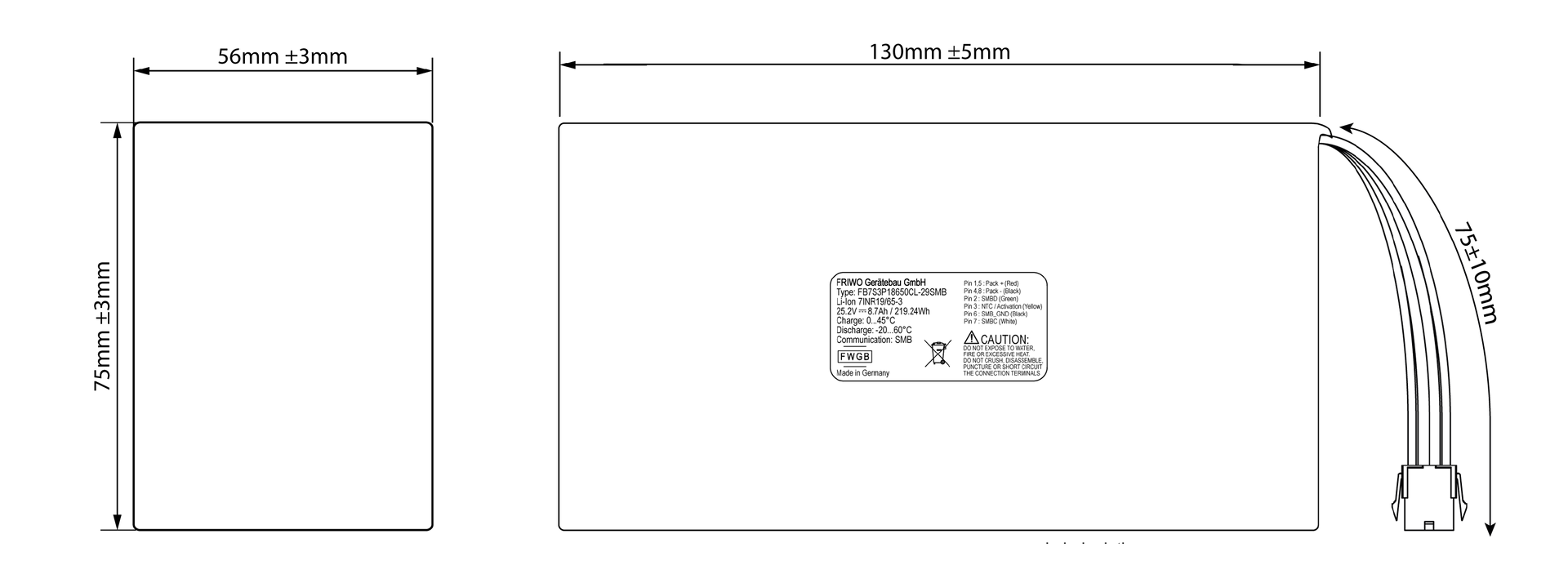 A black and white drawing of a battery pack with measurements on a white background.