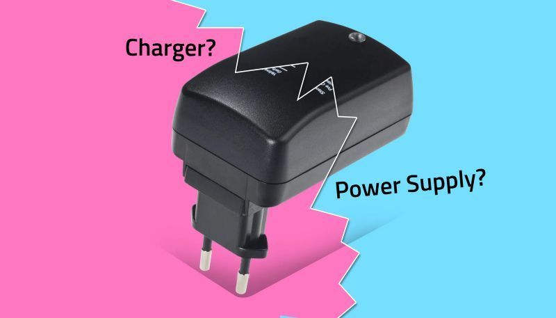 A charger vs power supply with a pink & blue background