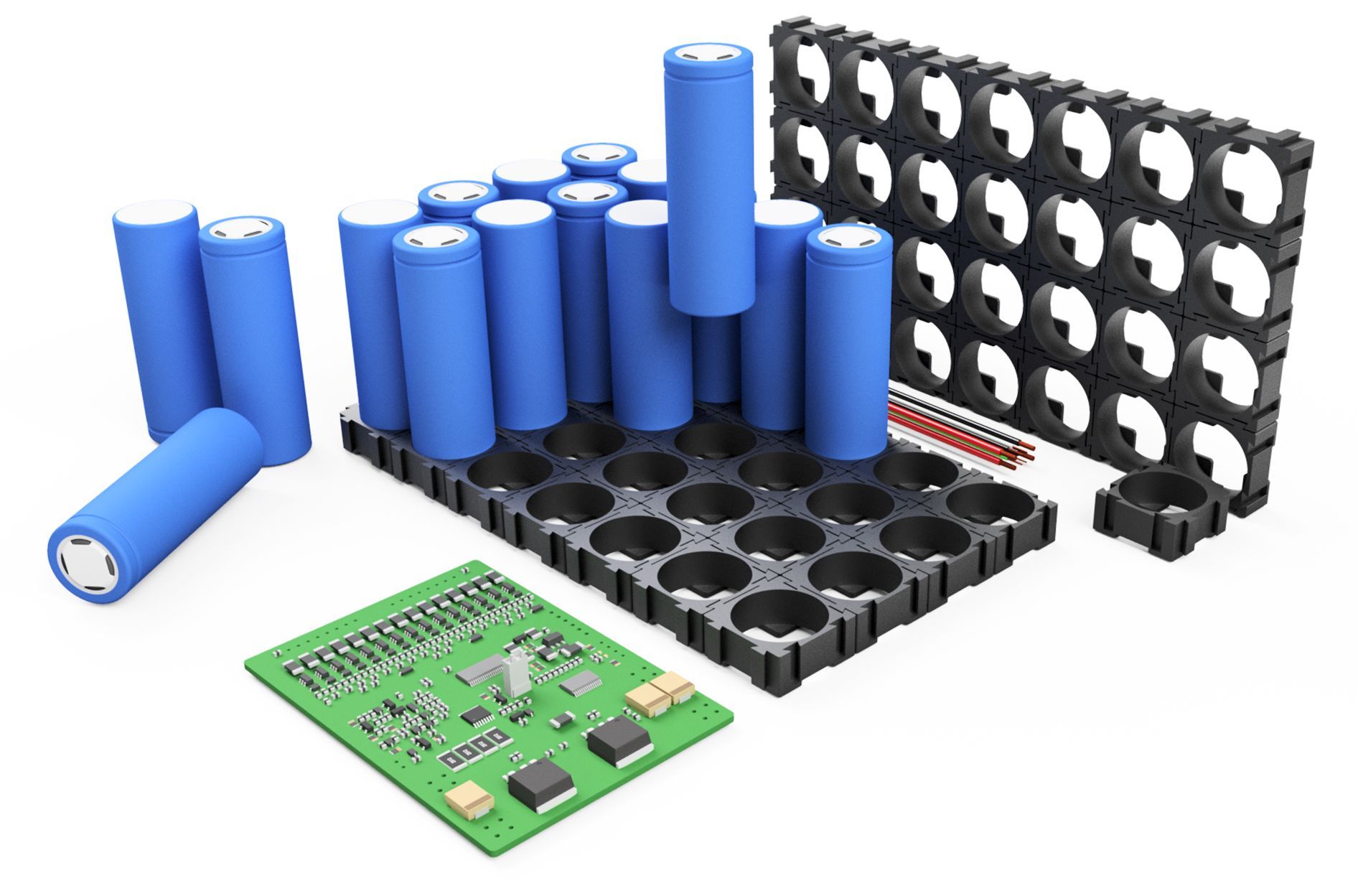 A bunch of blue batteries sitting on top of a green board.