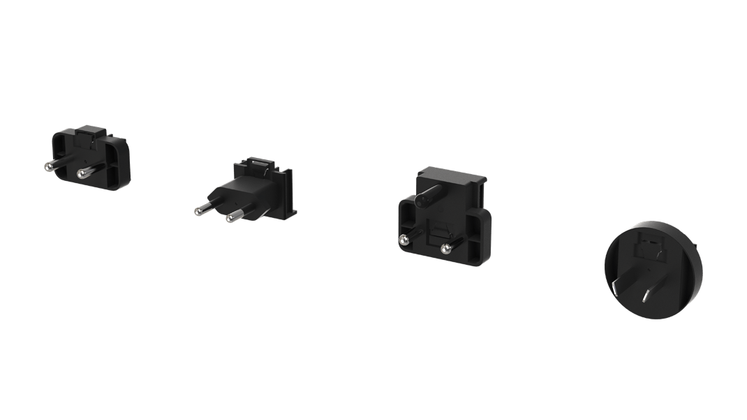 A row of black AC plug connectors on a white background.
