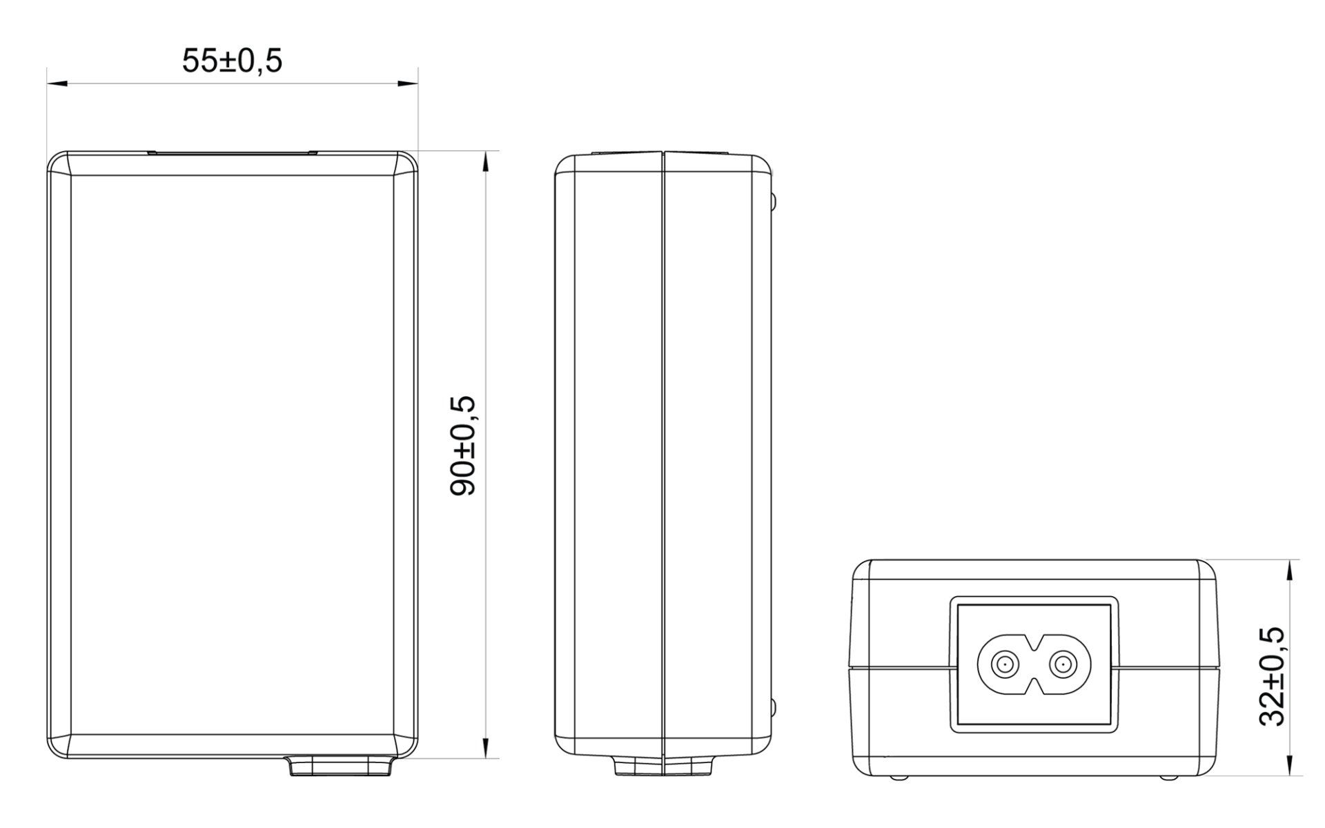 A black and white drawing of a desktop power supply with measurements on a white background.