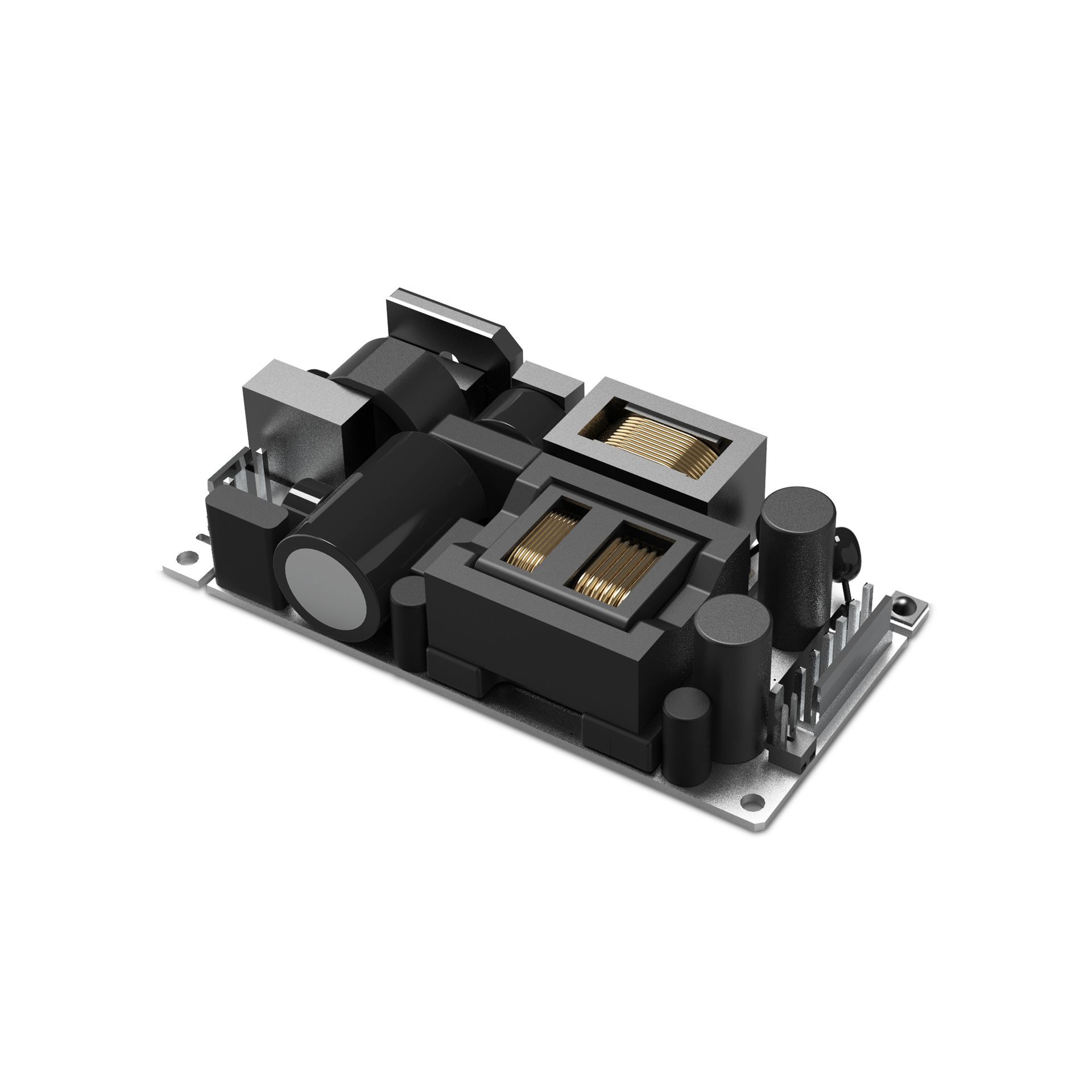A black power supply is sitting on a white surface