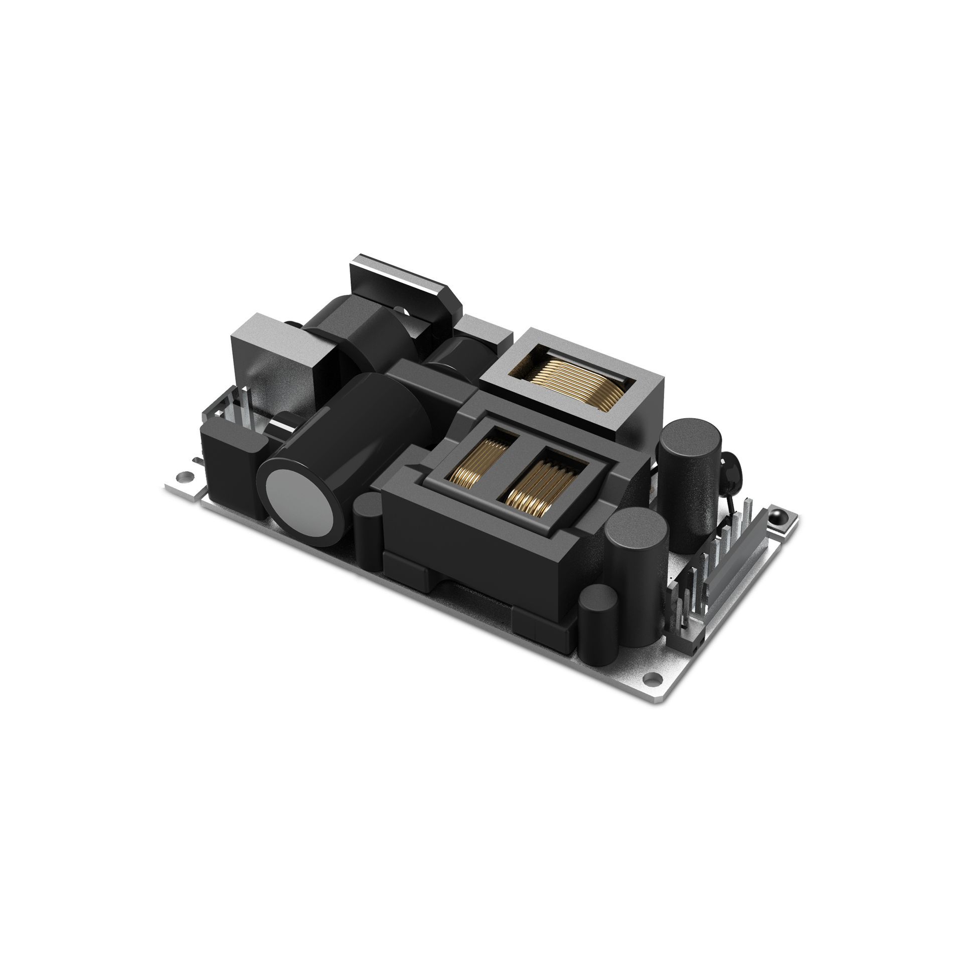 A black power supply is sitting on a white surface