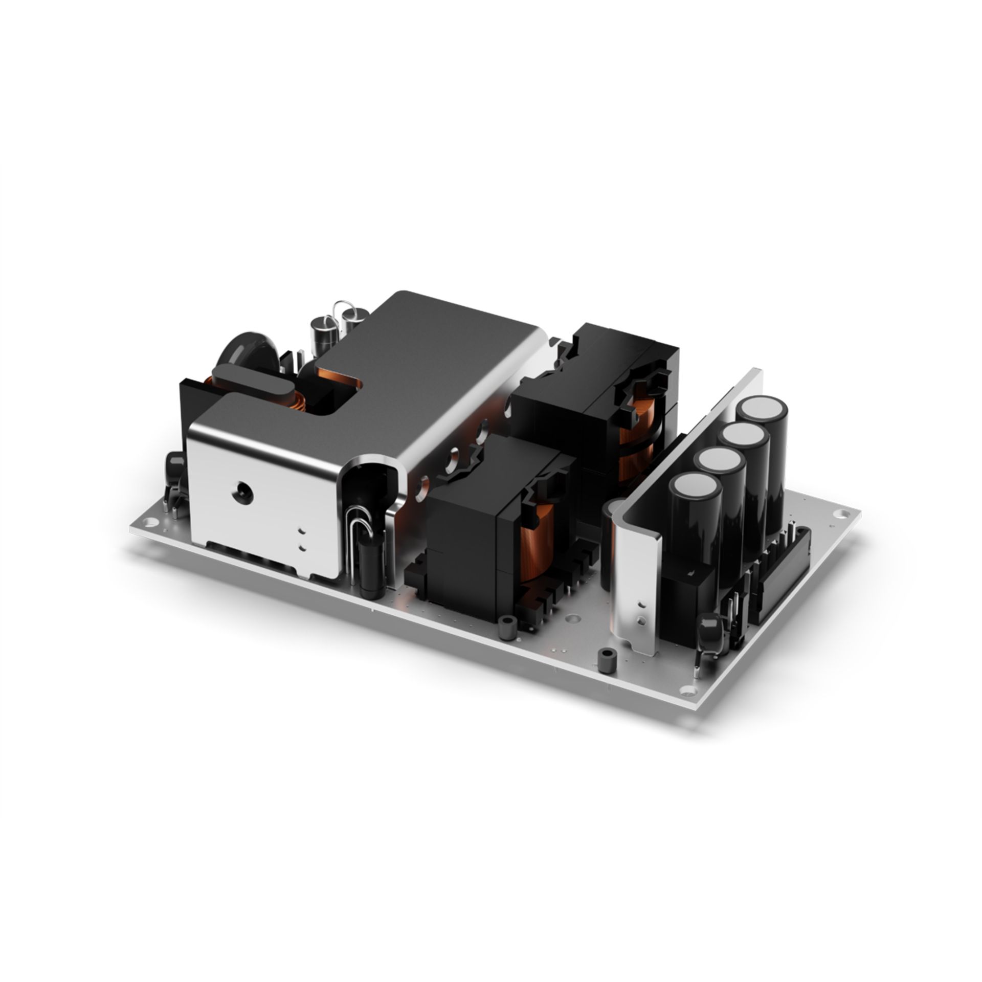 A black power supply is sitting on a white surface