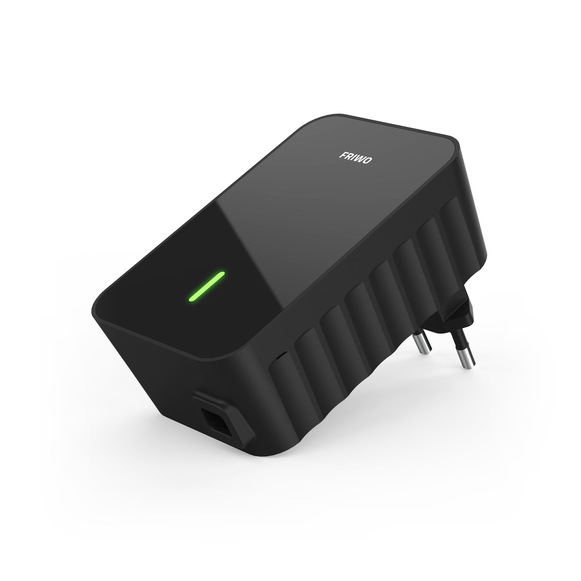 A black power supply is sitting on a white surface